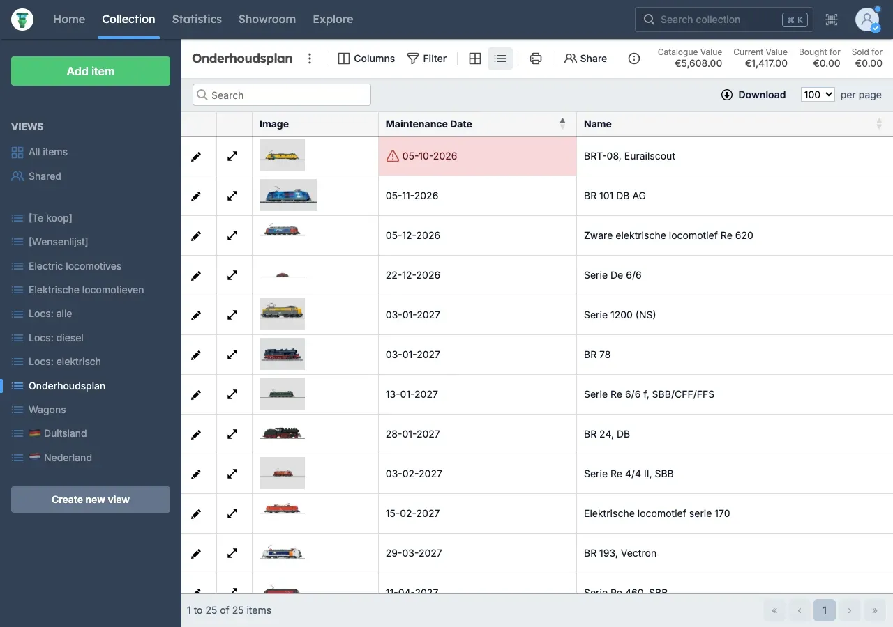 Screenshot of Yard Tower with model train maintenance dates